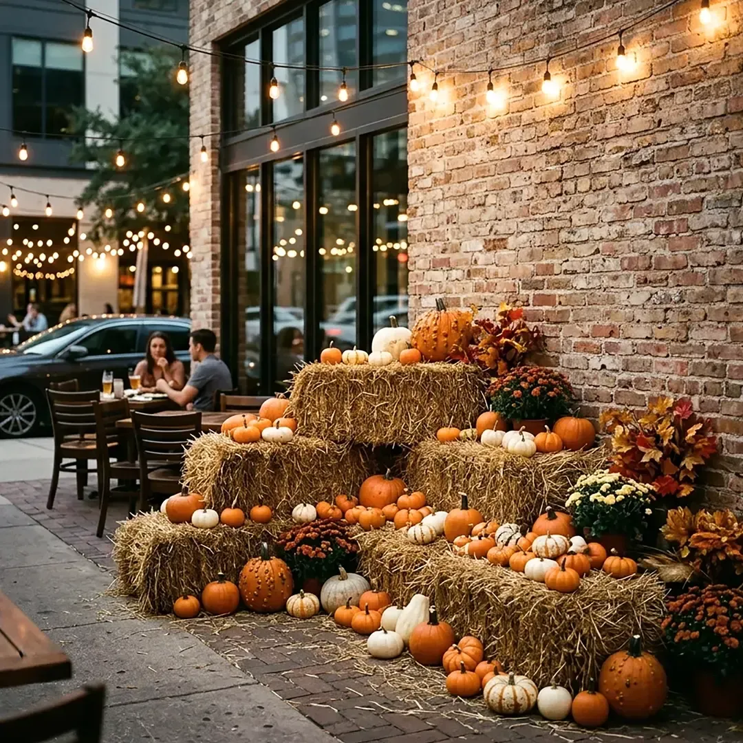 Pumpkins and hay bales stacked outside a café beside string lights and seated diners