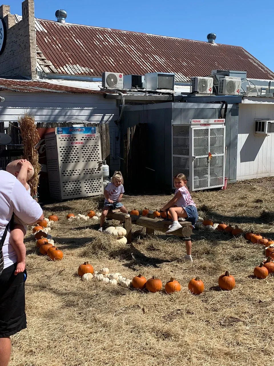 Children in a pumpkin patch with a building in the background