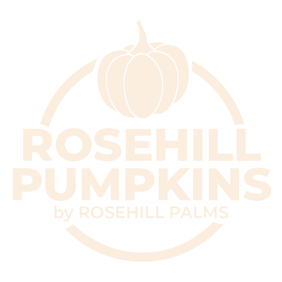 Rosehill Pumpkins logo with a pumpkin icon and circular peach lettering on a white background