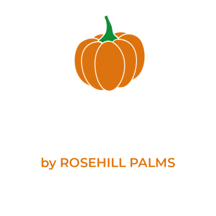Orange pumpkin logo with green stem above the text “by ROSEHILL PALMS”