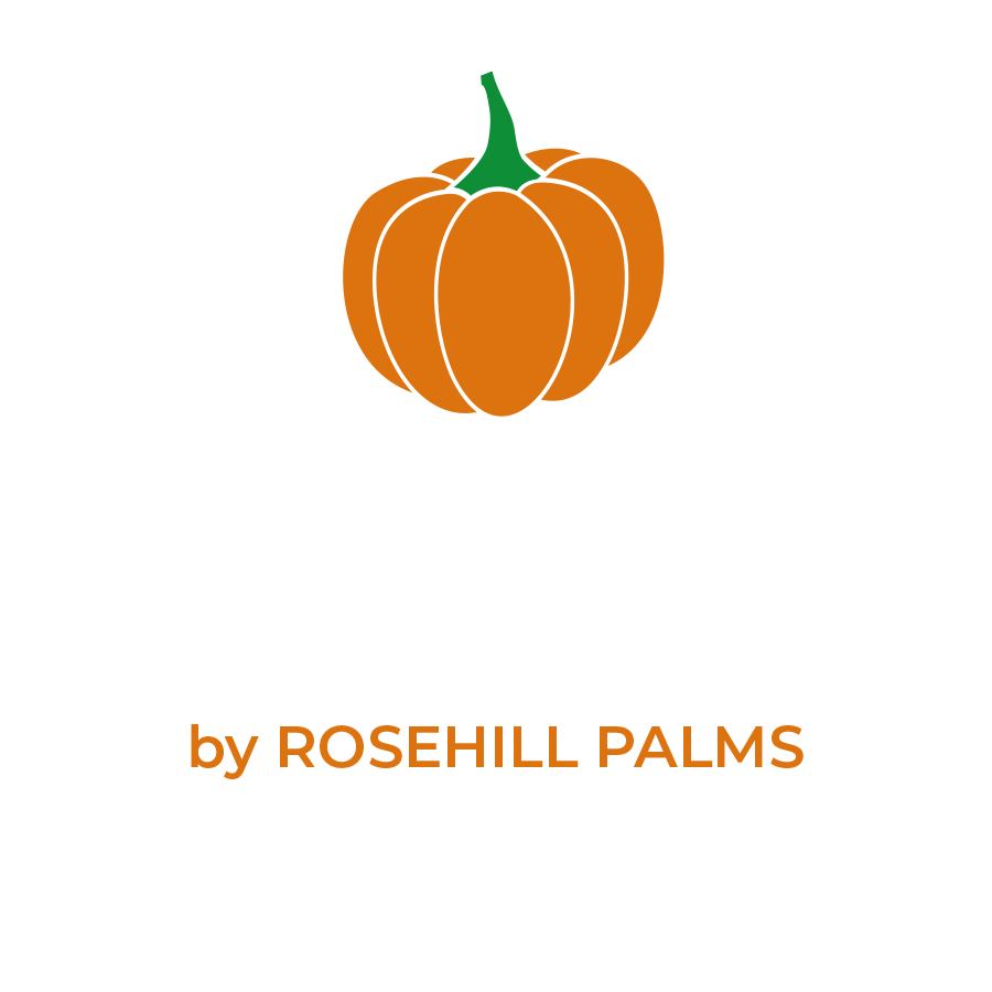 Orange pumpkin logo with green stem above the text “by ROSEHILL PALMS”