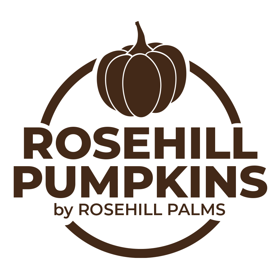 Rosehill Pumpkins logo with brown pumpkin icon and text on an orange 
background