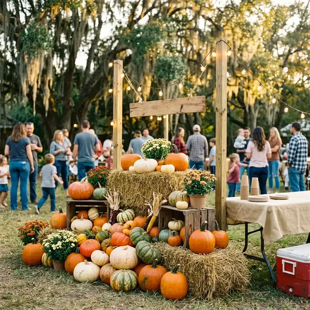 Outdoor fall harvest display with pumpkins and hay bales at a lively autumn gathering