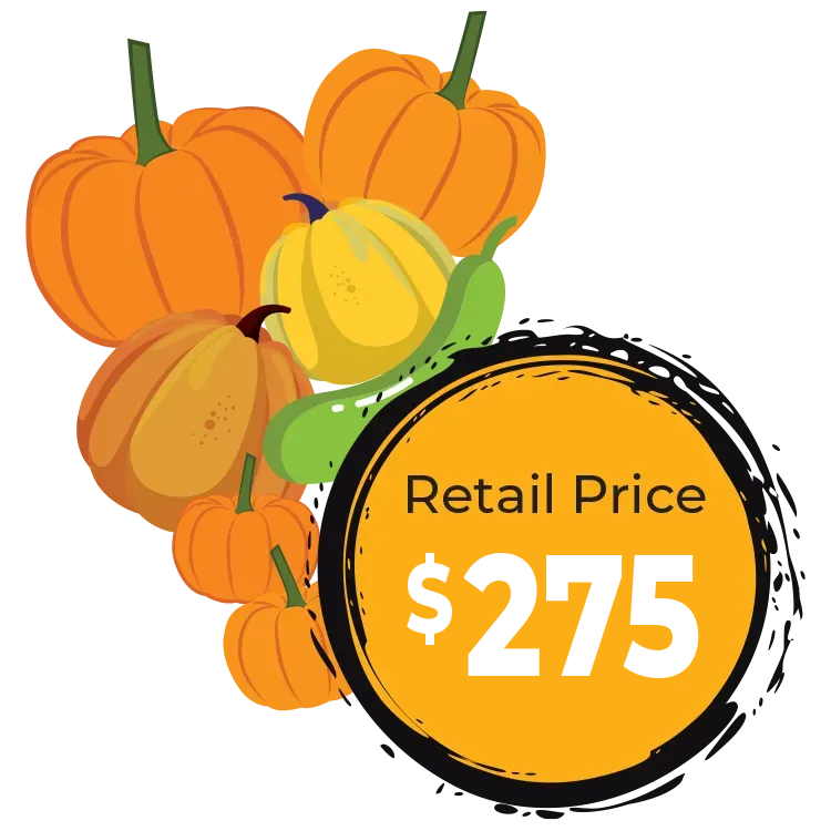 Pumpkins with a yellow price tag reading Retail Price $275
