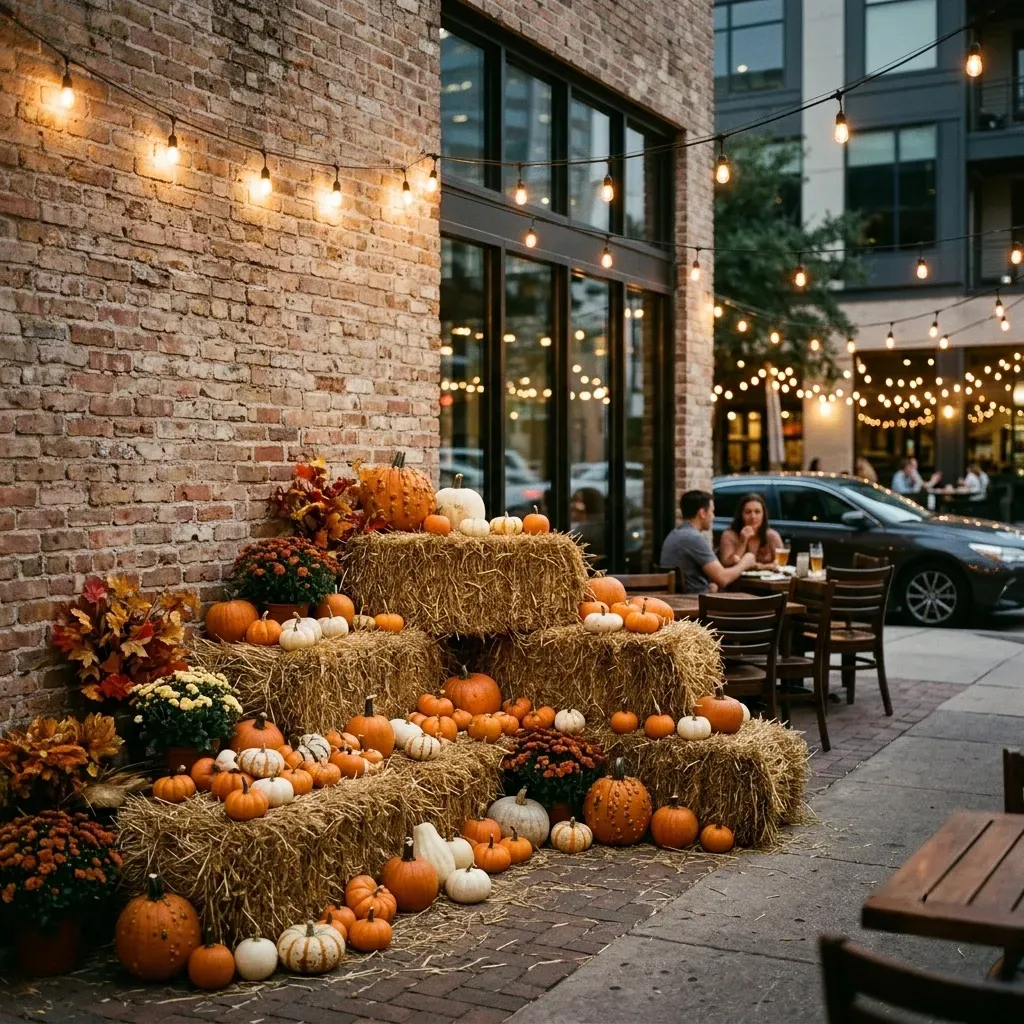 Autumn hay bale display with pumpkins outside a brick restaurant patio at dusk