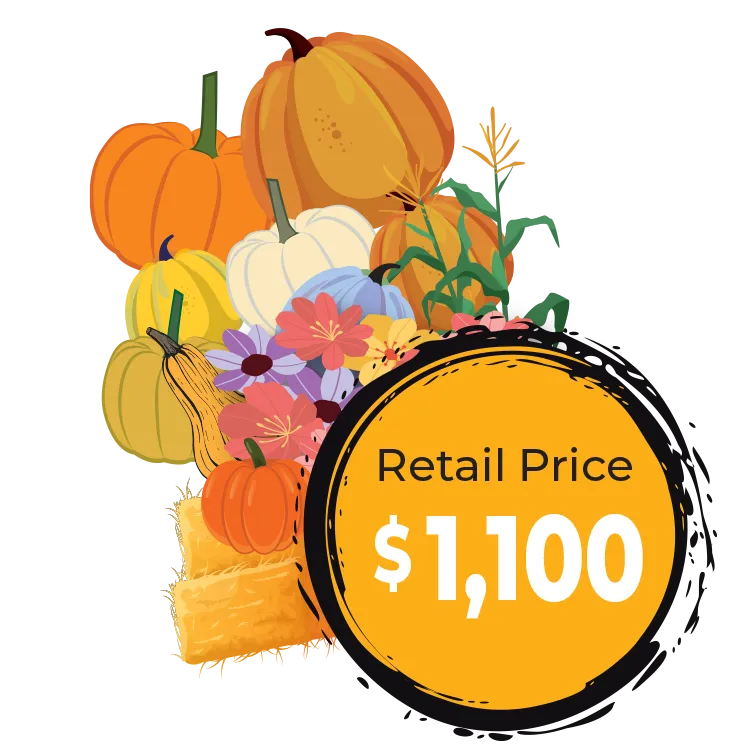 Grand Fall Festival - Autumn pumpkin and flower arrangement with a “Retail Price $1,100” label