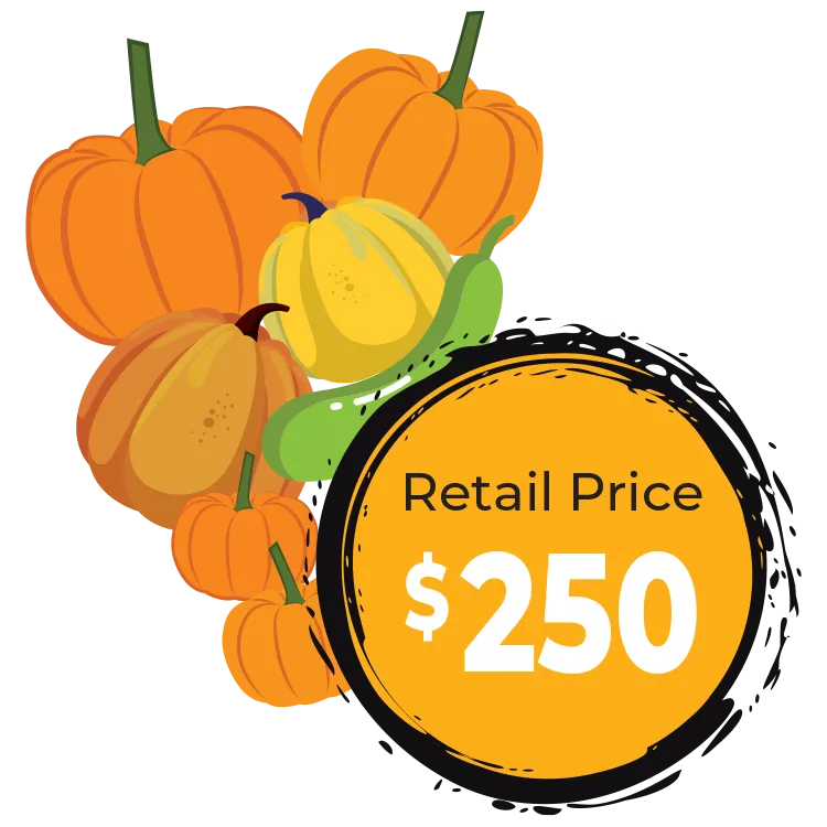 Harvest Starter- Assorted pumpkins with a “Retail Price $250” sign in orange and black