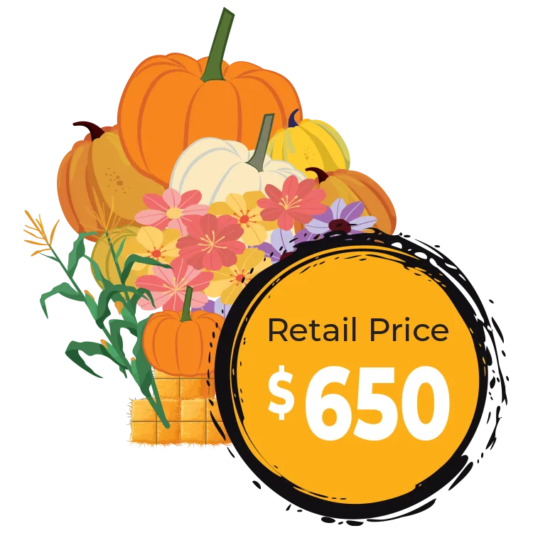 Pumpkin Paradise - Fall pumpkins and flowers with a circular label reading Retail Price $650