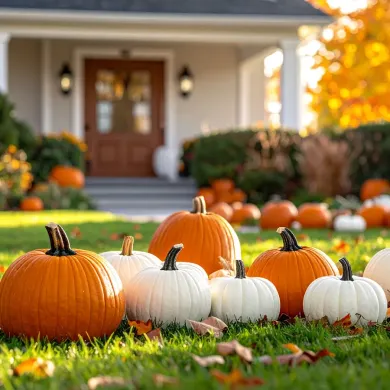 Pumpkins and white gourds on a lawn in front of a house decorated for autumn