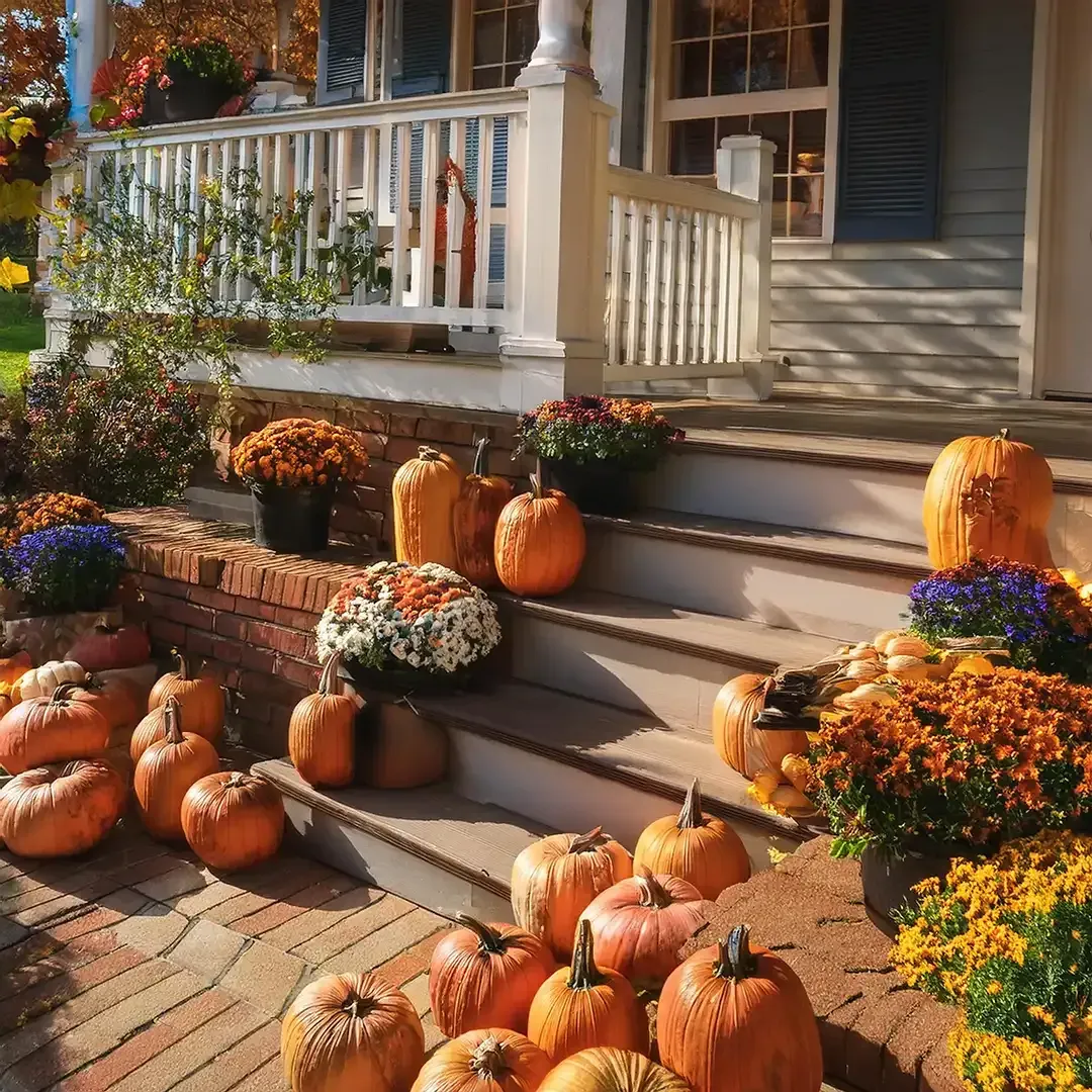 Front porch decorated with pumpkins and orange flowers in autumn sunlight