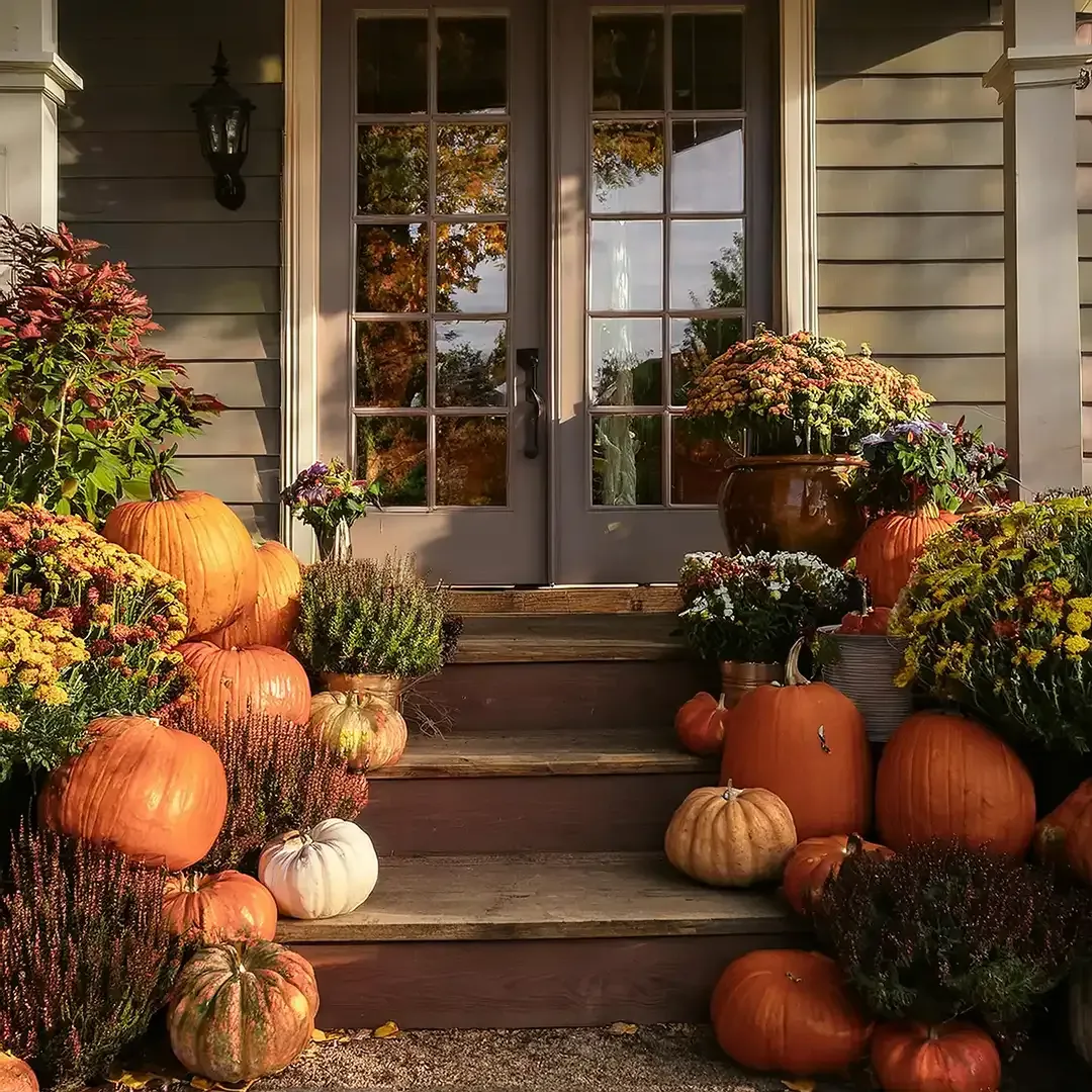 Front porch decorated with pumpkins, mums, and autumn leaves by a glass-paneled door