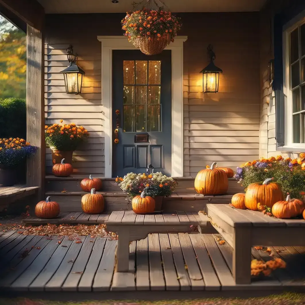 Cozy front porch decorated with pumpkins and fall flowers in warm autumn light