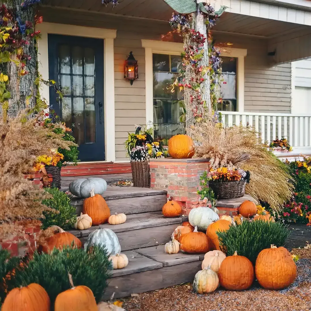 Autumn porch decorated with pumpkins, gourds, hay bales, and fall flowers
