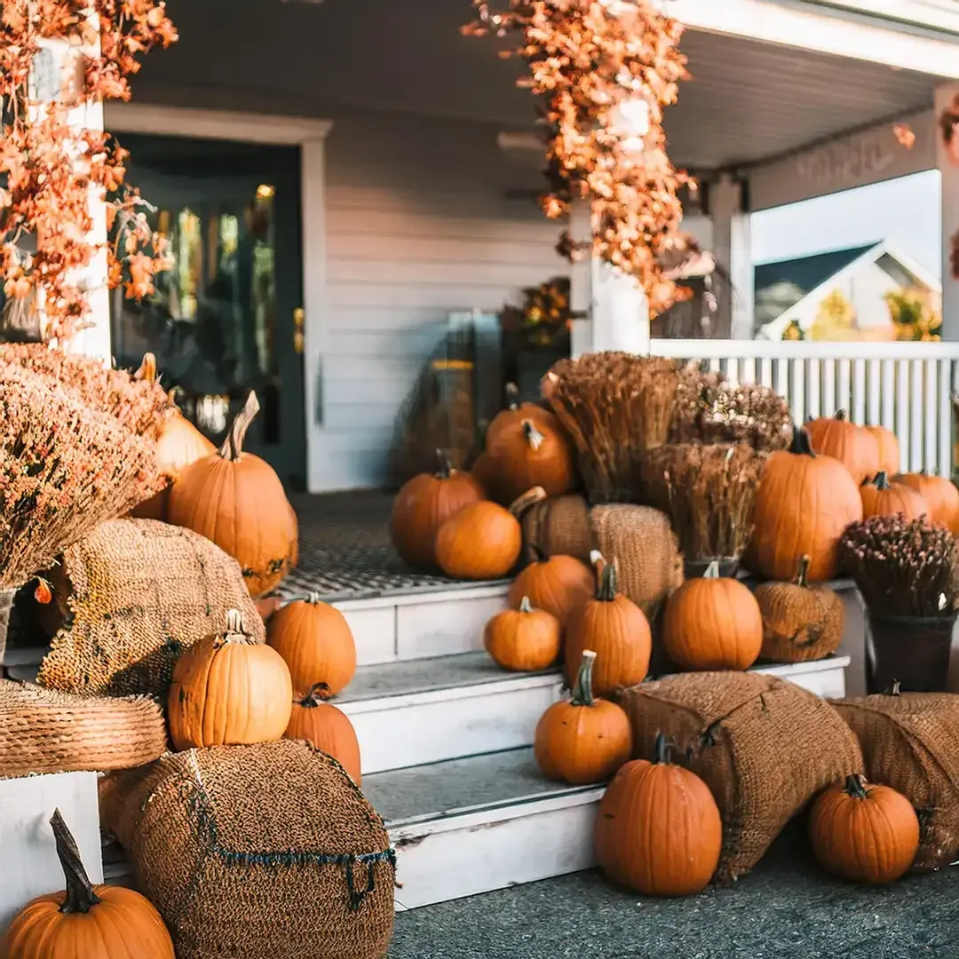 Pumpkins and hay bales on a porch decorated with autumn leaves
