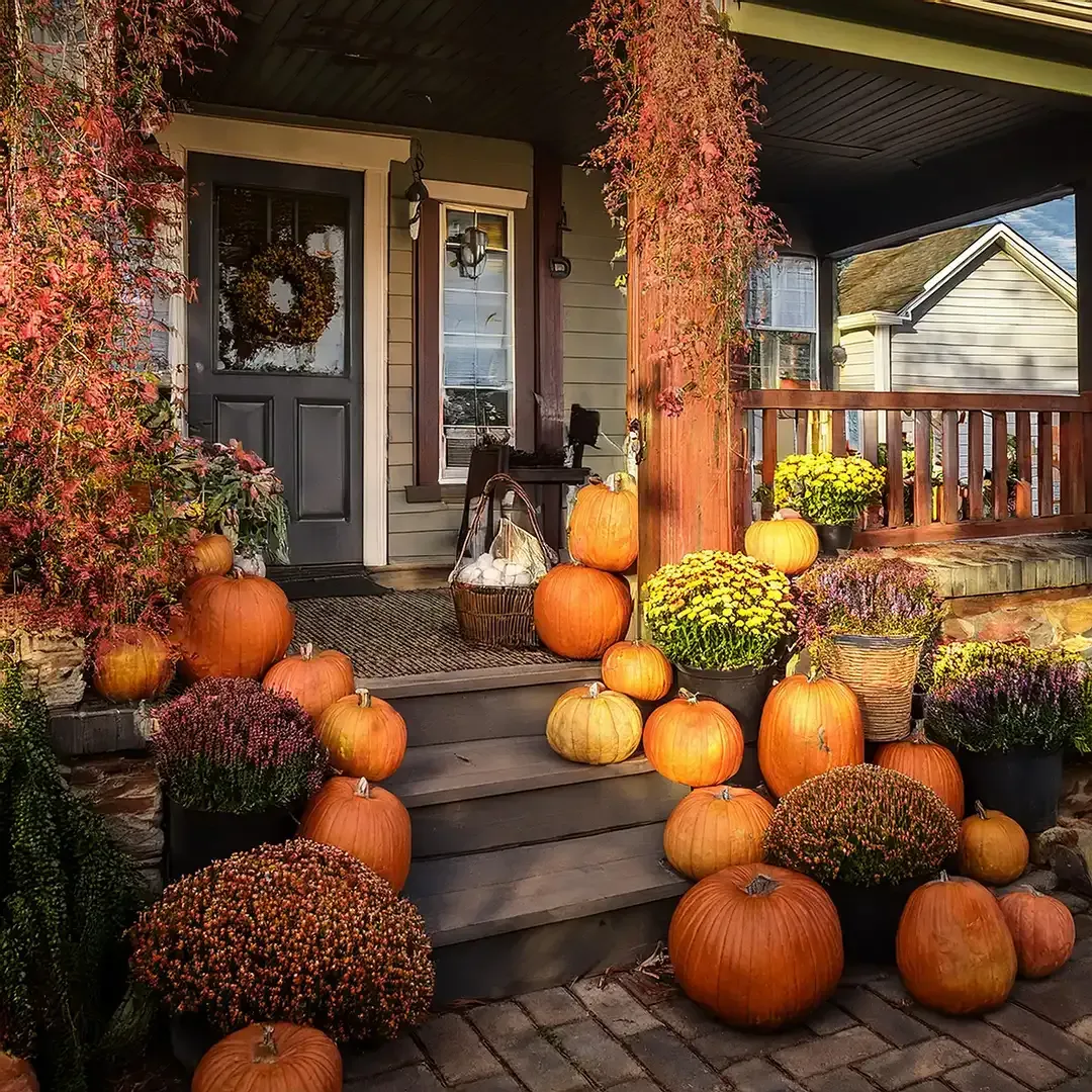 Front porch decorated with pumpkins, mums, and autumn wreaths in warm fall colors