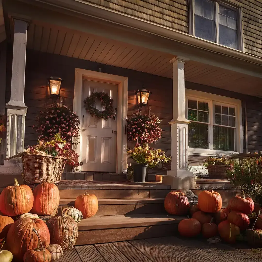 Autumn porch with pumpkins, potted flowers, and a wreath on the front door.