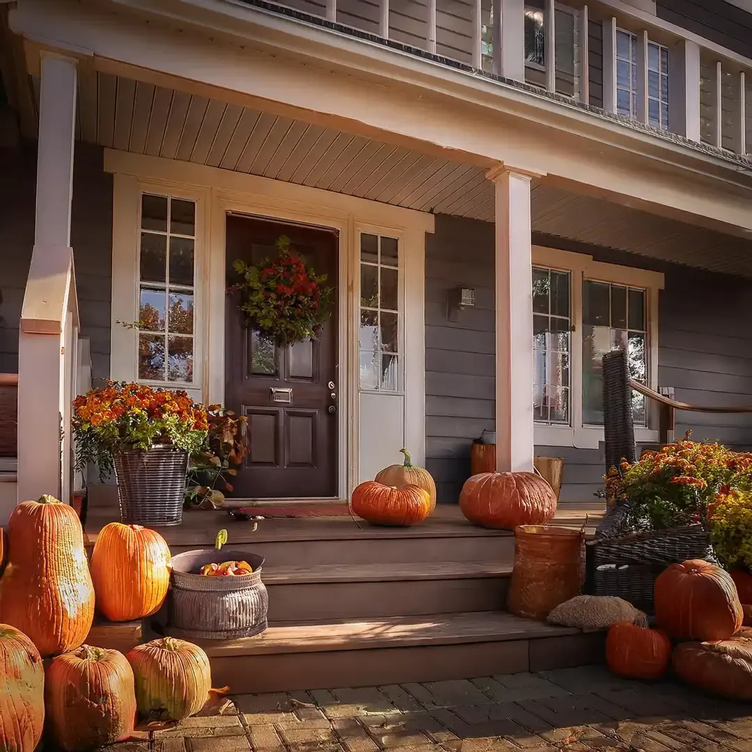 Porch decorated with pumpkins, autumn wreath, and potted flowers on a gray house