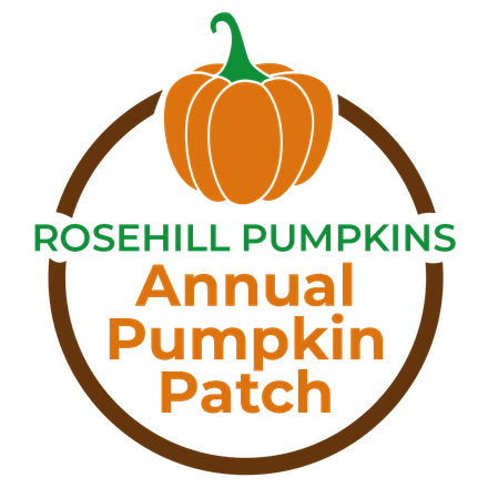 Rosehill Pumpkins logo with orange pumpkin and green text for Annual Pumpkin Patch