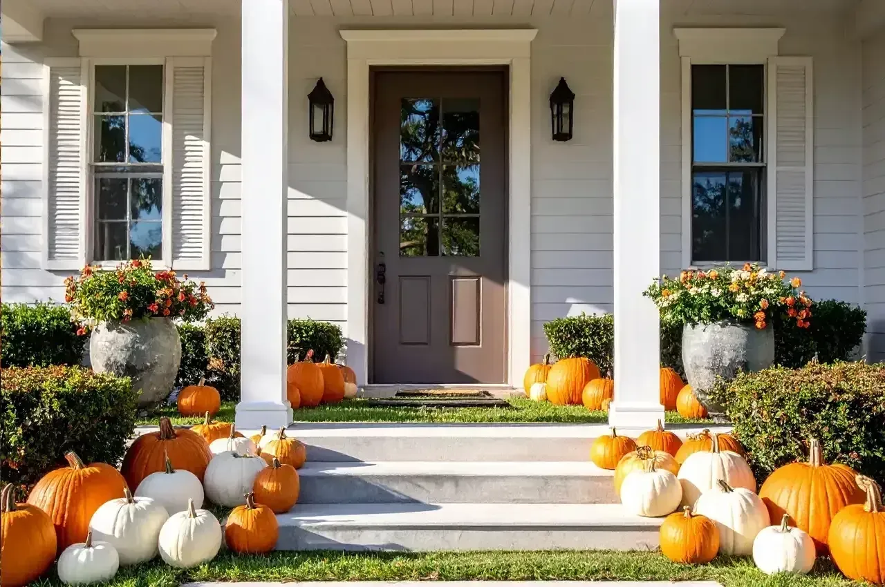 Front porch decorated with pumpkins, mums, and autumn garlands around a white house entrance