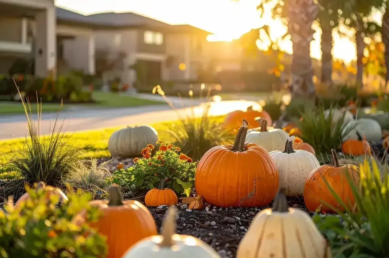 Pumpkins and autumn decor on a front lawn at sunset, with houses and warm golden light in the background