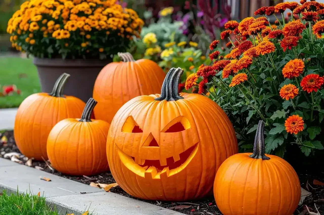 Carved jack-o'-lanterns on a sidewalk with orange mums and pumpkins in a fall garden display