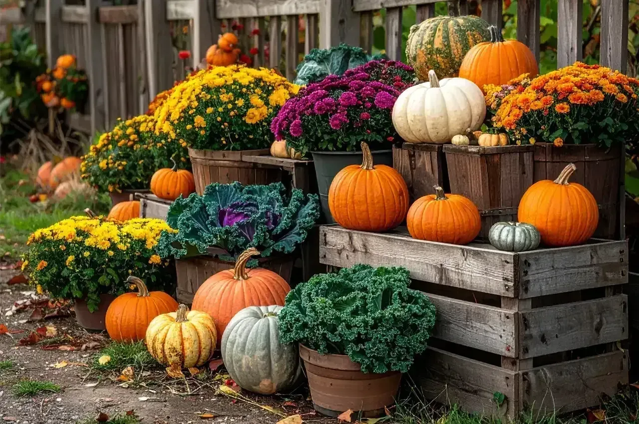 Pumpkins and colorful mums arranged in rustic wooden crates in an autumn garden display