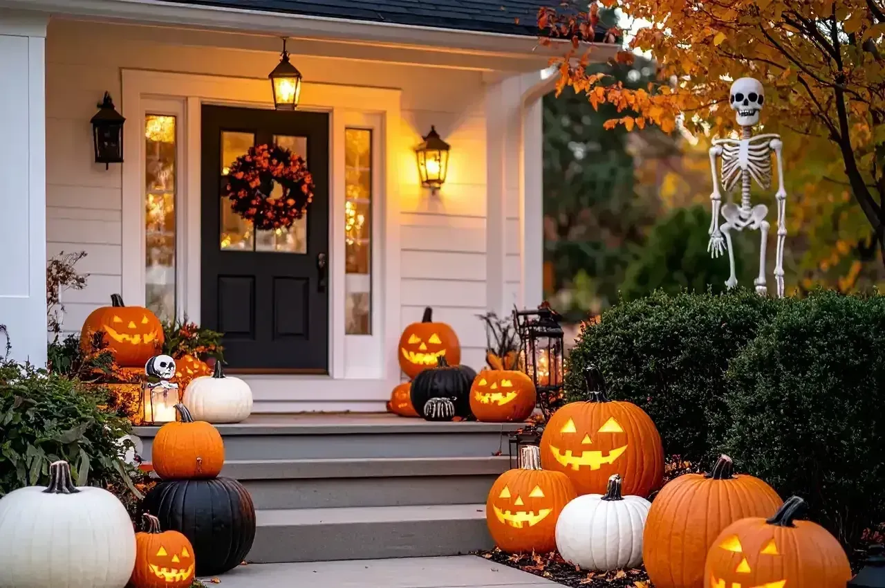 Halloween-decorated front porch with pumpkins, glowing jack-o'-lanterns, and a hanging skeleton under warm lights