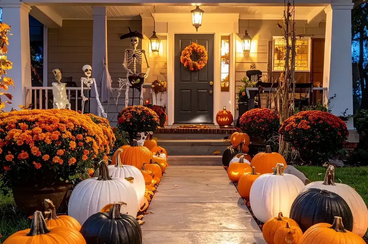 Pumpkin-lined front porch with orange mums and fall wreath decorated for Halloween night