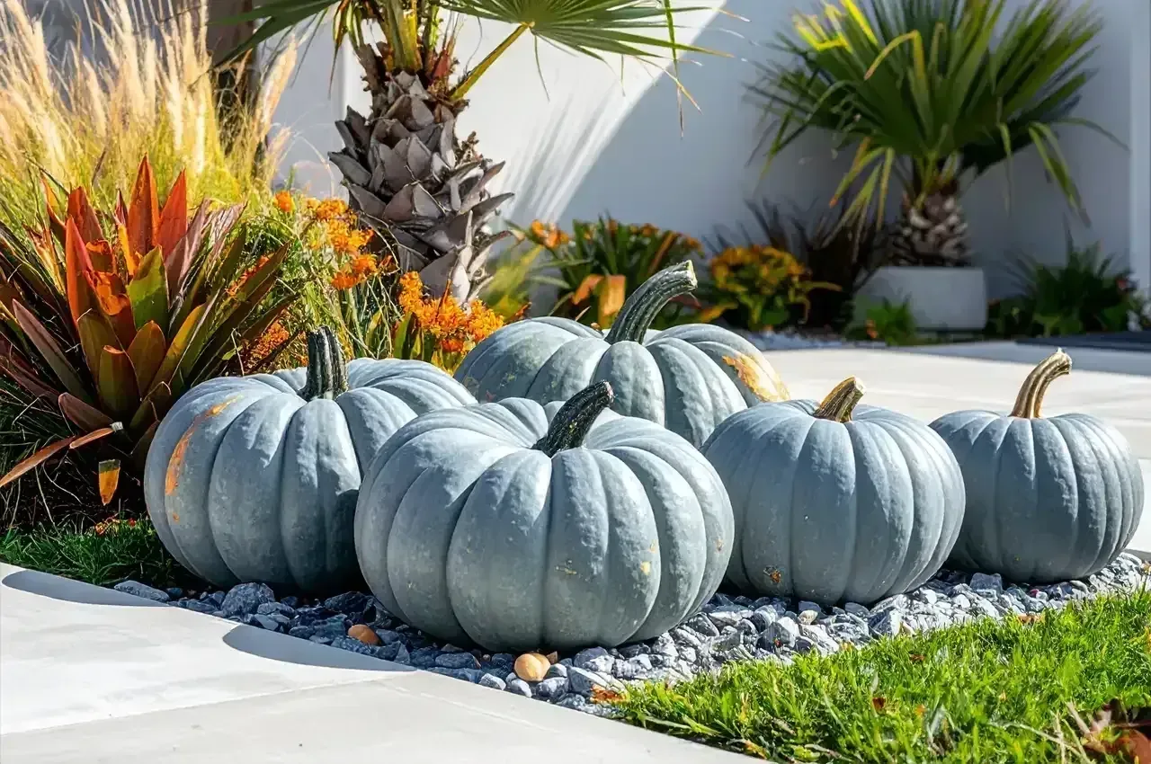 Gray painted pumpkins on a gravel bed in a landscaped garden with colorful succulents and palm plants