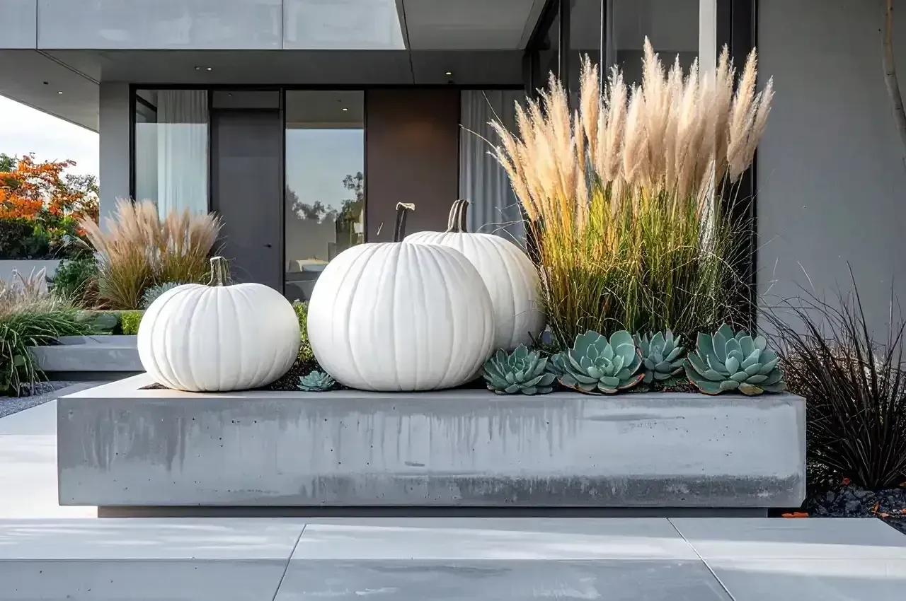 White pumpkins and tan grasses in a modern gray planter outside a contemporary house