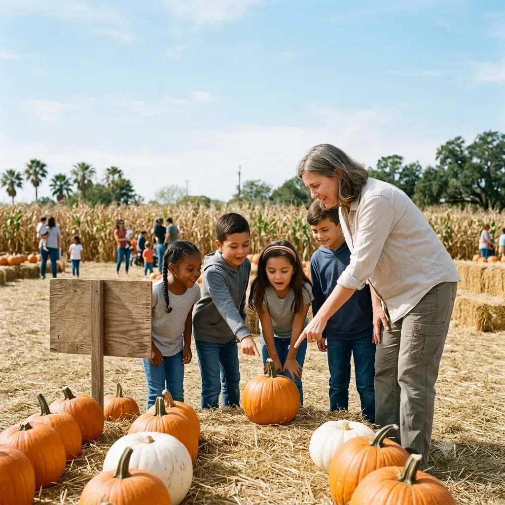 A woman and children picking pumpkins in a straw-covered pumpkin patch on a sunny day