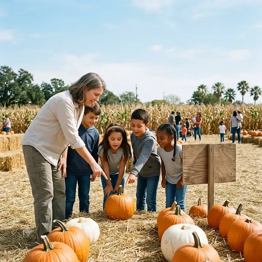 Teacher helping children choose pumpkins in a sunny pumpkin patch