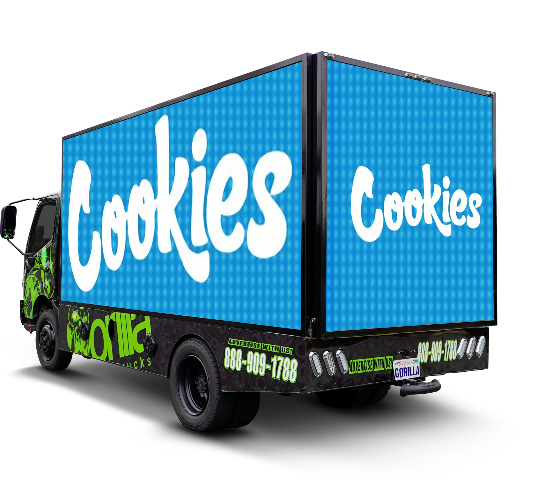 A blue truck with the word cookies on it