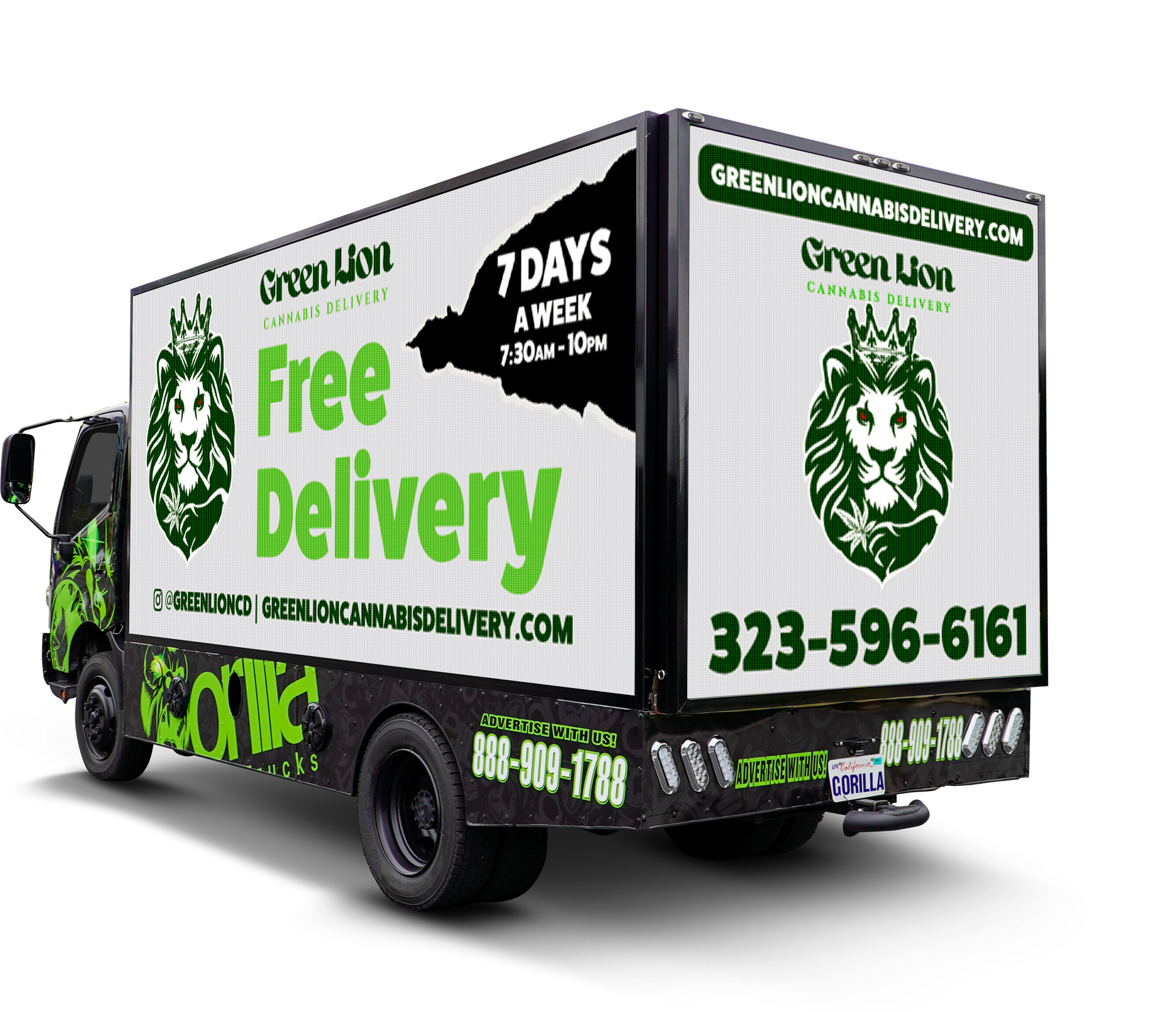 A truck that says free delivery on the side of it