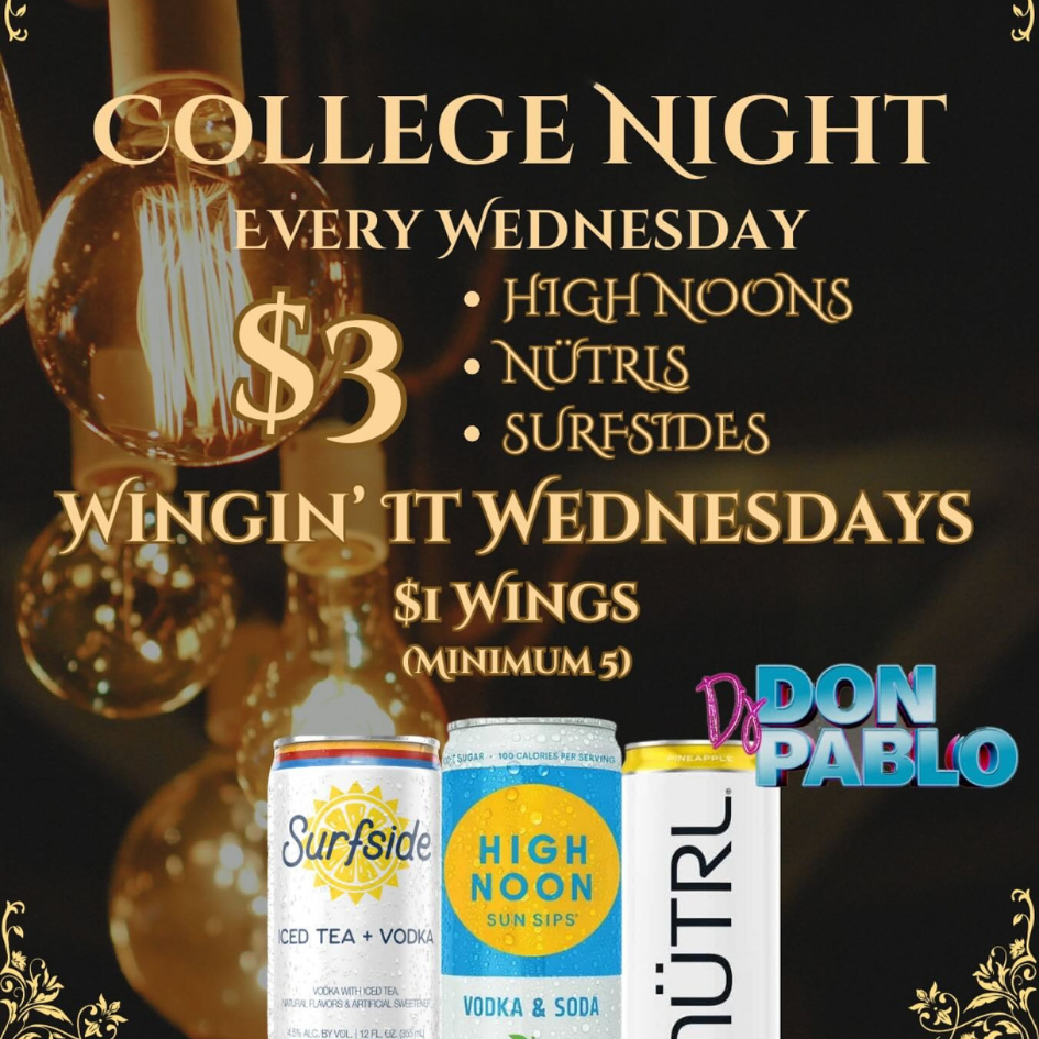An advertisement for college night every Wednesday
