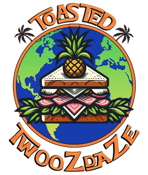 A logo for Toasted Twoozdaze with a pineapple on top of a sandwich