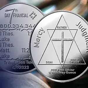 Two silver commemorative coins with Bible verses and Christian symbols, one showing a cross and Star of David.