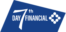 Blue logo reading &ldquo;7th Day Financial&rdquo; with a stylized white 7 and flower-like icon