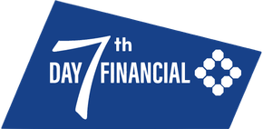 Blue logo reading &ldquo;7th Day Financial&rdquo; with a stylized white 7 and flower-like icon