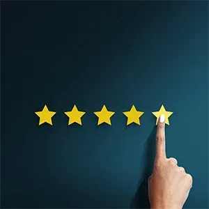 Person using a smartphone with floating chat bubbles and a 5-star rating icon on a blue background