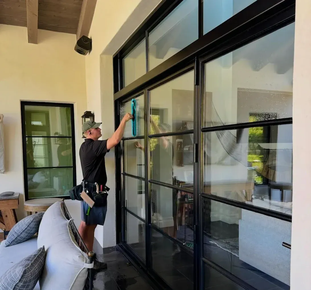 Worker cleaning large glass sliding doors on a patio with a squeegee