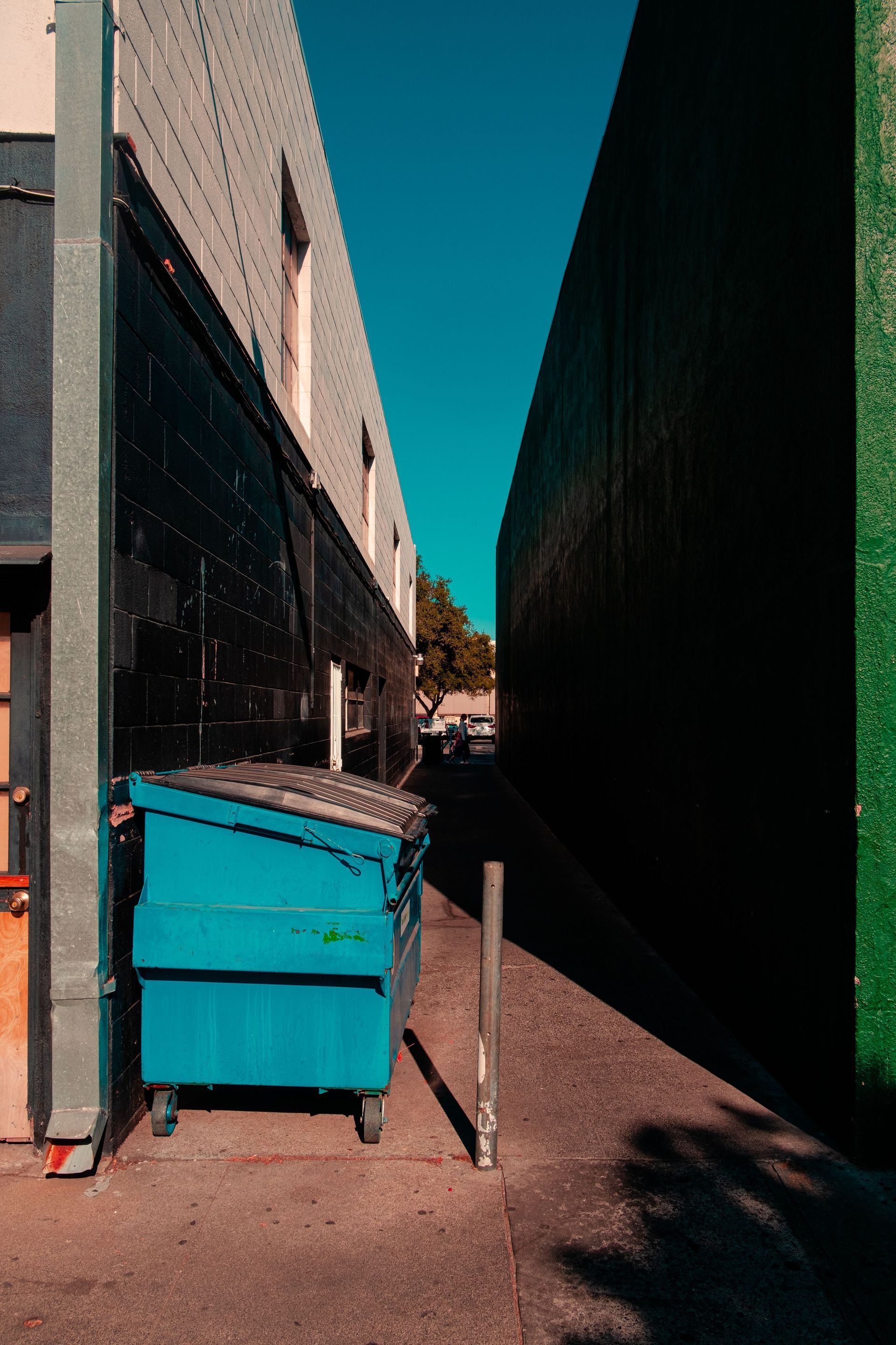 Alley with green dumpster, brown bins, and black trash can against a beige brick wall with doors.