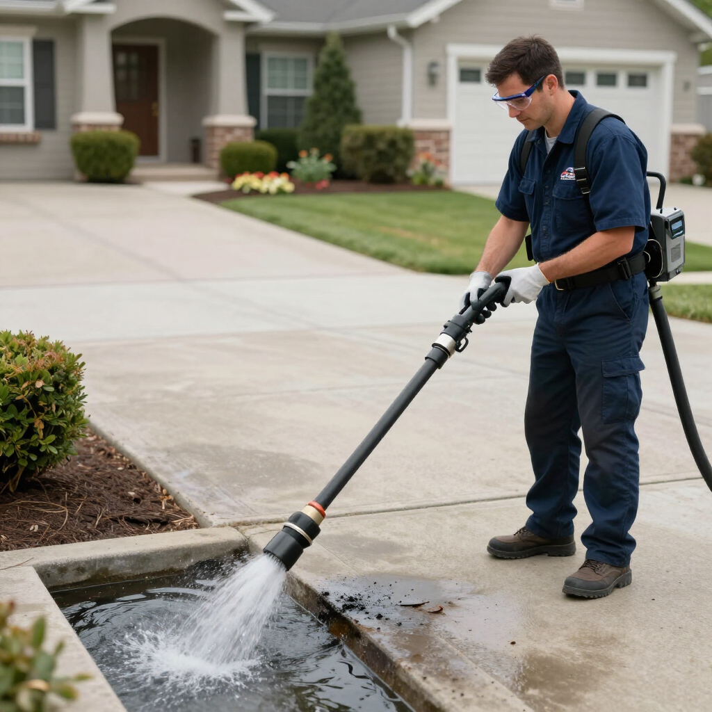 Technician cleaning a domestic drain