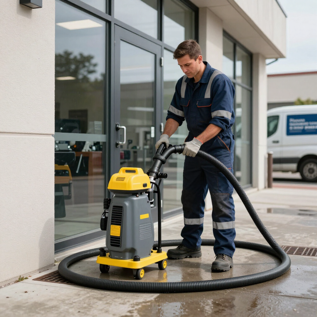 Technician cleaning a commercial drain