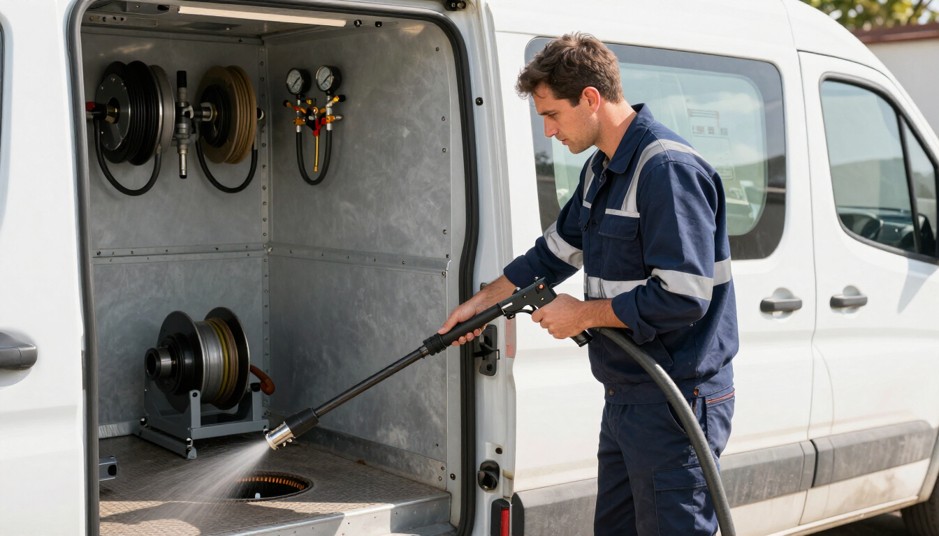 Technician operating van-mounted jetting equipment