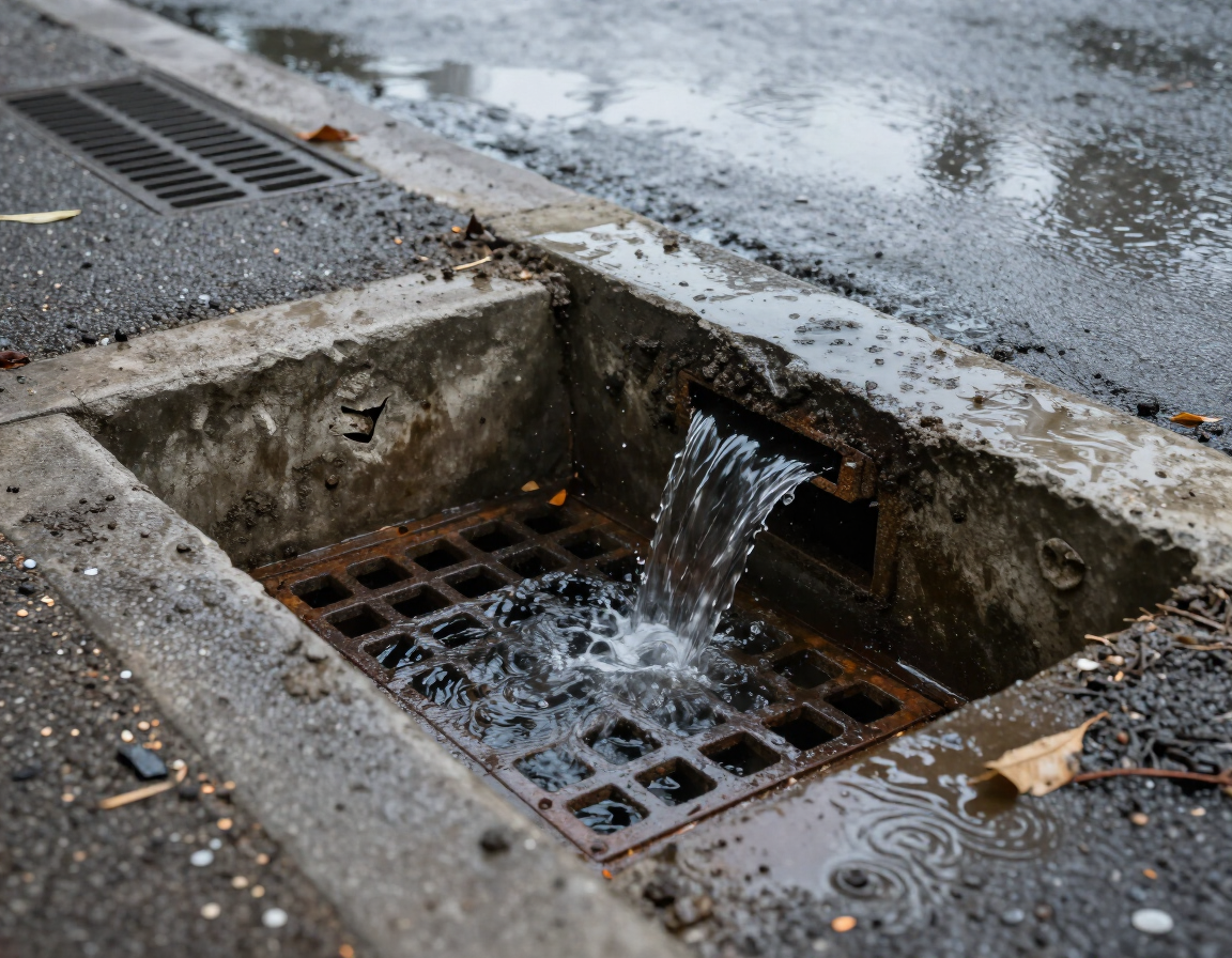 Overflowing outdoor drain gully