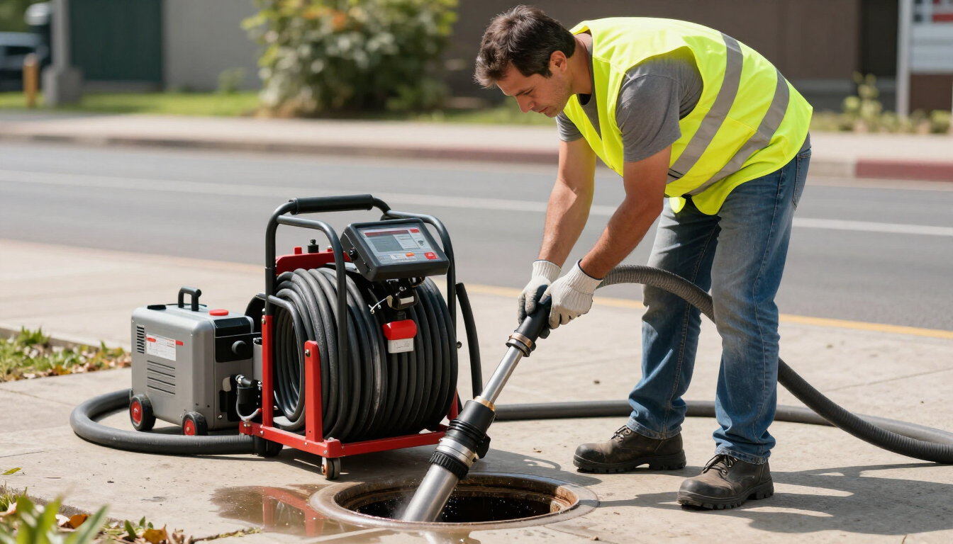 Technician performing drain maintenance jetting