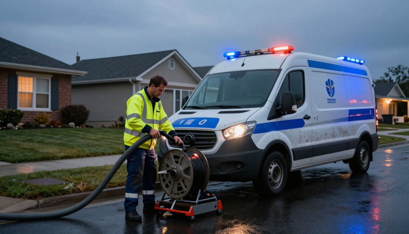 Drain jetting technician at work on a residential street at dusk
