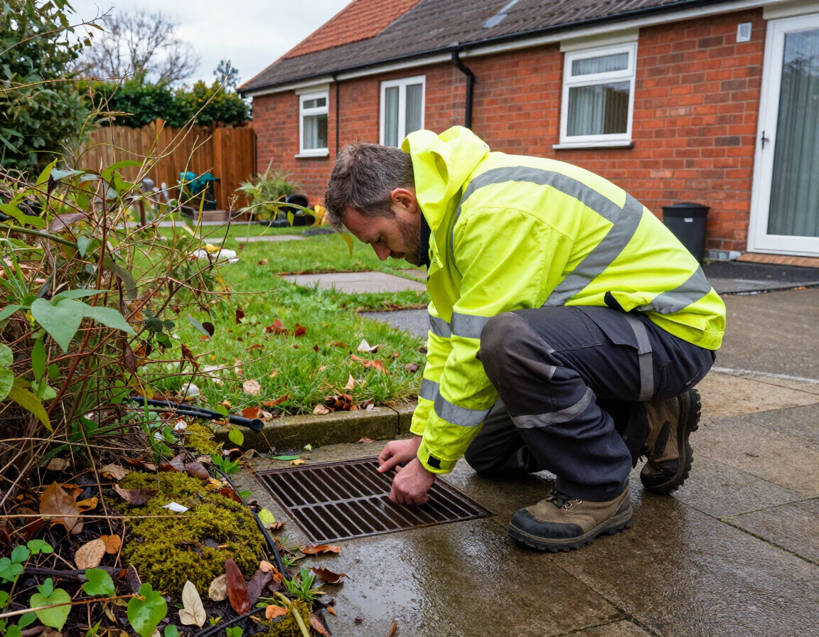 Technician inspecting outdoor drain gully