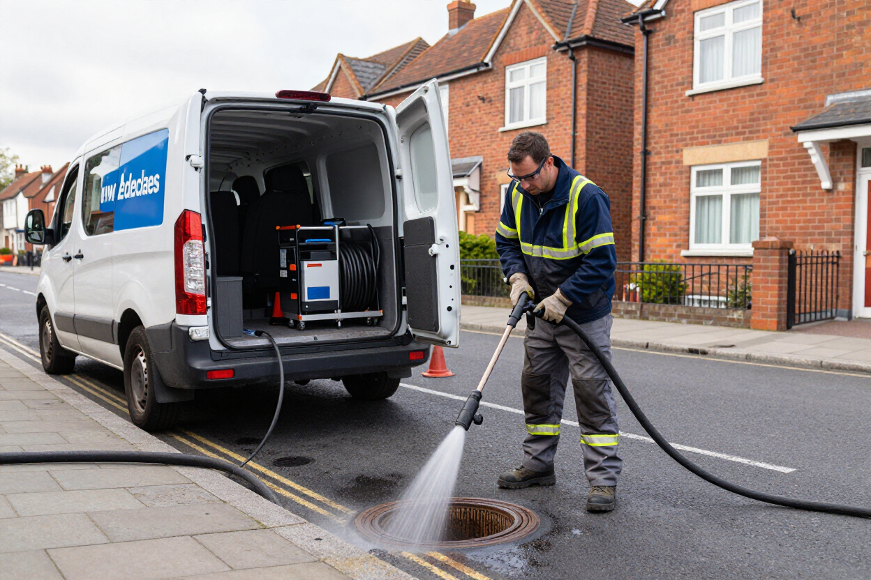 Drain jetting technician operating equipment